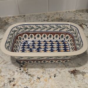 Blue Rose Polish Pottery "Evergreen" Loaf Baker Boleslawiec Collectors